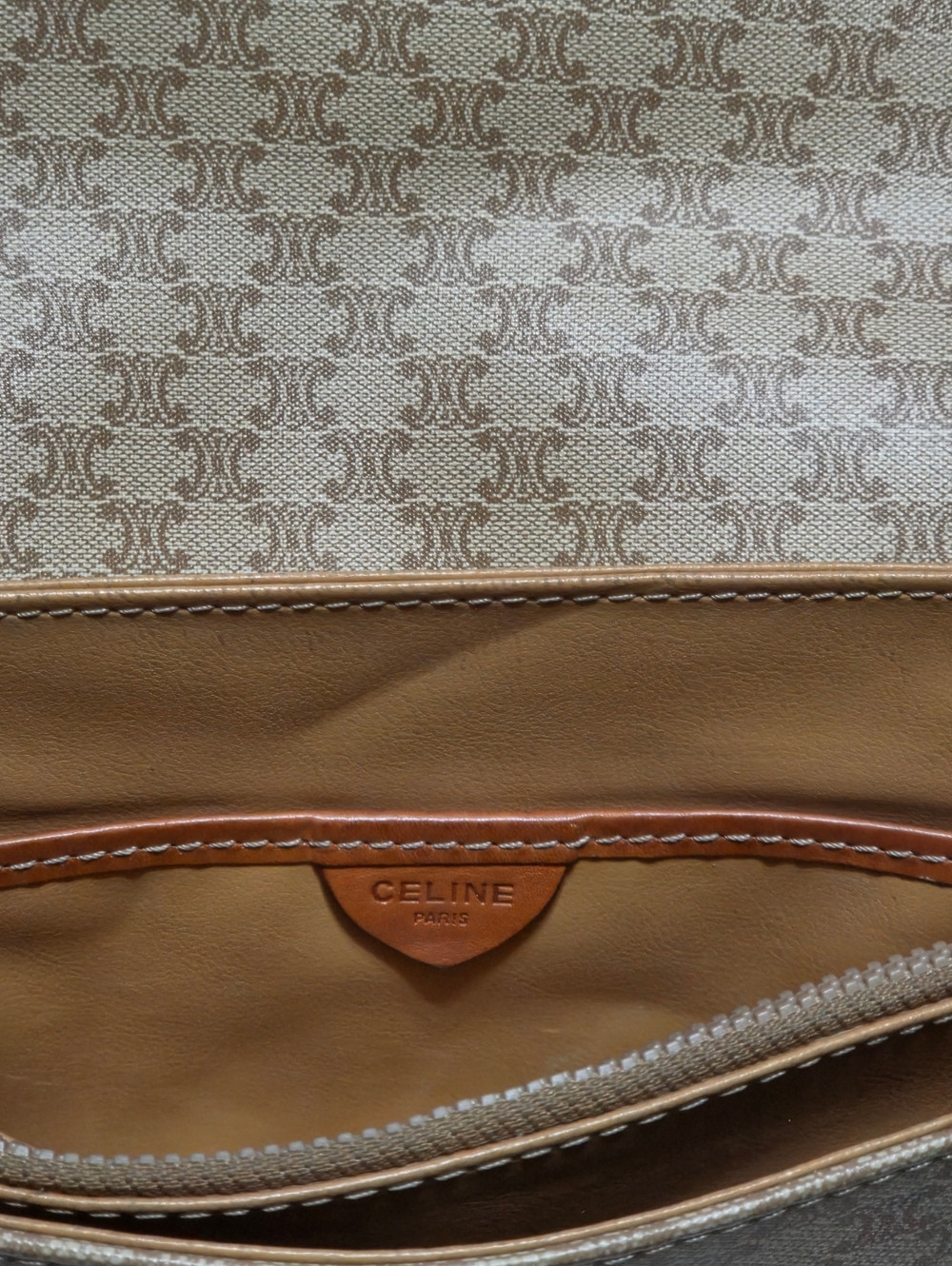 CELINE Macadam Brown Leather Trim Crossbody Shoulder Purse Bag PVC Canvas Beige - Picture 6 of 16